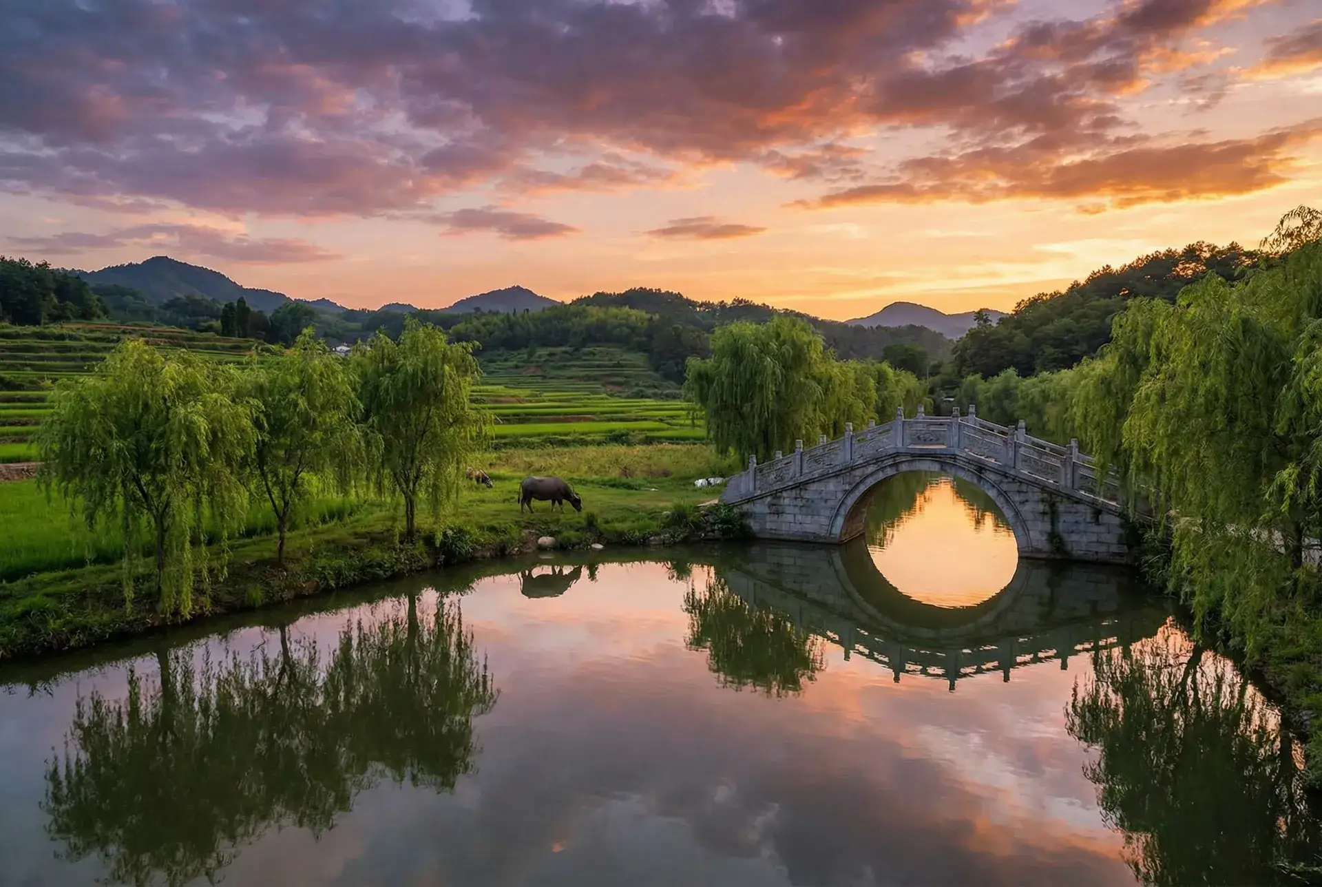 夕阳下的石拱桥与垂柳，水牛在河边吃草 - 法国悲情城市 乡村美景